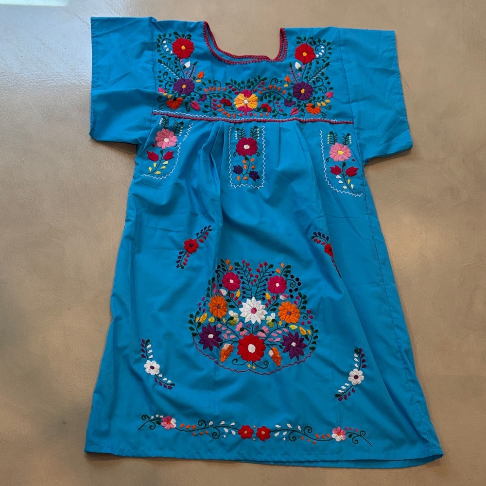 Embroidered Blue Floral women’s Mexican Dress